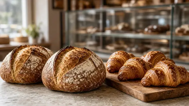 Sourdough loaves and croissants on a bakery counter